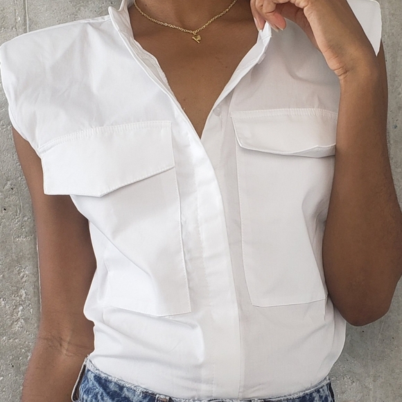 Sleeveless Button Up with Shoulder Pads - Picture 2 of 4